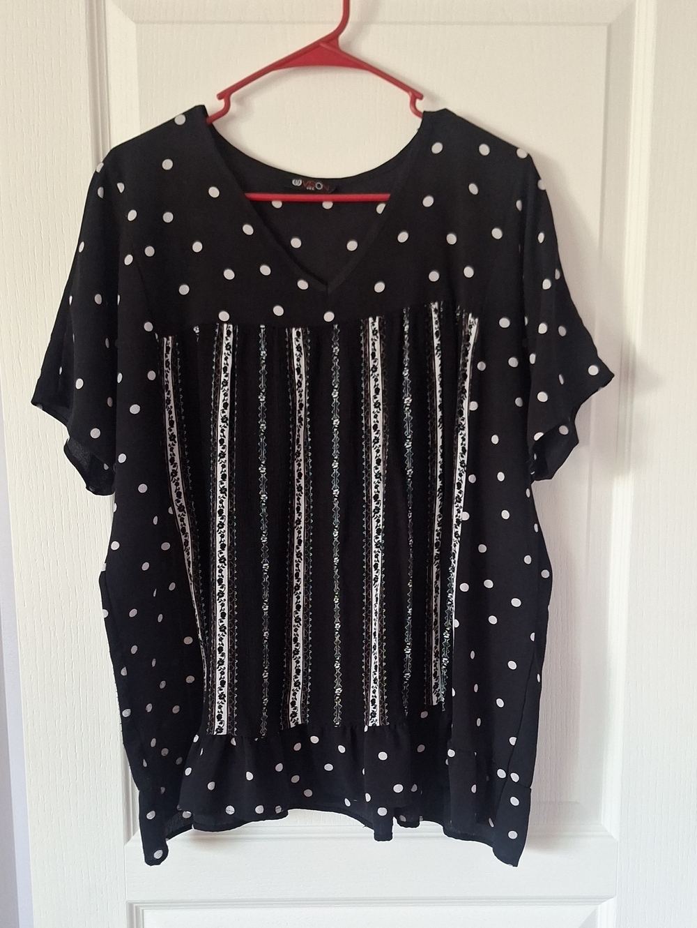 Black Polka Dot & Stripe Short Sleeve Women's Top
